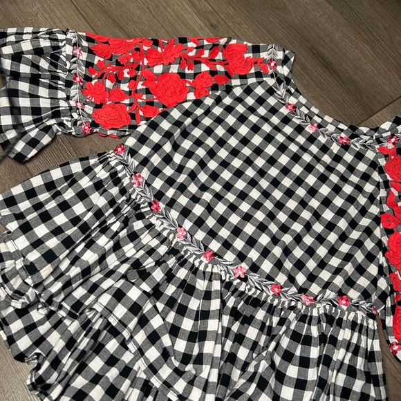 Black & White Gingham Peplum Top with Red Floral Embroidery - Picture 2 of 4